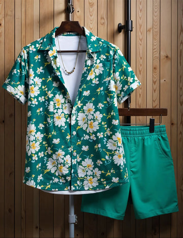Men's Tropical Green Floral Shirt & Shorts Set ? Bold Summer Beachwear 2-Piece Outfit