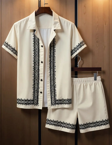 Men's Vintage-Inspired Embroidered Shirt & Shorts Set ? Elegant Summer 2-Piece Outfit