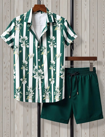 Men's Green Striped Floral Shirt & Shorts Set ? Casual Summer Two-Piece Outfit