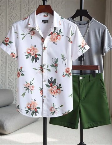 Men's Floral Print Shirt & Green Shorts Set ? Casual Summer Vacation Outfit