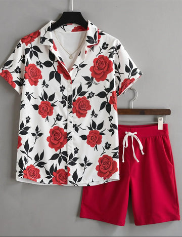 Men's Red Rose Floral Print Shirt & Shorts Set ? Casual Summer 2-Piece Outfit