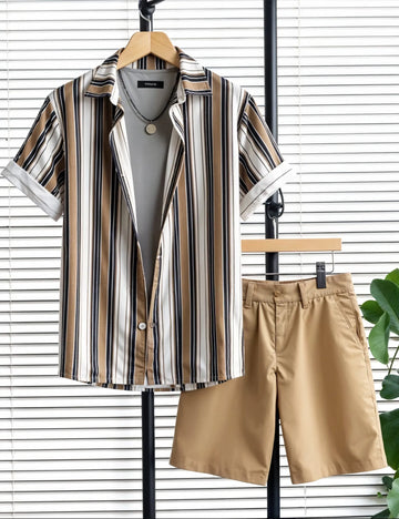 Men's Classic Striped Shirt & Khaki Shorts Set ? Casual Summer Two-Piece Outfit