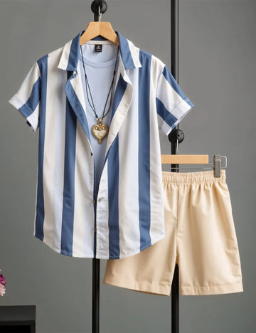 Men's Blue & White Vertical Stripe Shirt with Beige Shorts ? Casual Summer Outfit Set