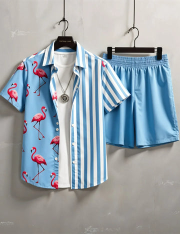 Men's Flamingo Print & Striped Shirt with Shorts Set ? Fun Tropical Summer Outfit
