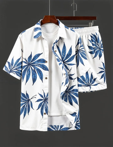 Men's Tropical Blue Leaf Print Shirt & Shorts Set ? Stylish Summer Beachwear Outfit