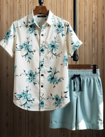 Men's Light Blue Floral Print Shirt & Shorts Set ? Casual Summer Beachwear 2-Piece Outfit