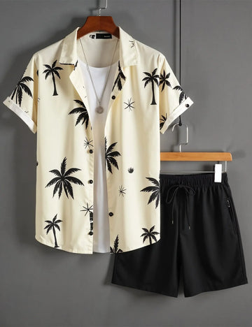 Men's Palm Tree Print Shirt & Black Shorts Set ? Tropical Summer Beach Outfit