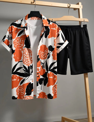 Men's Bold Orange Flower Print Shirt & Shorts Set ? Summer Casual 2-Piece Beachwear Outfit