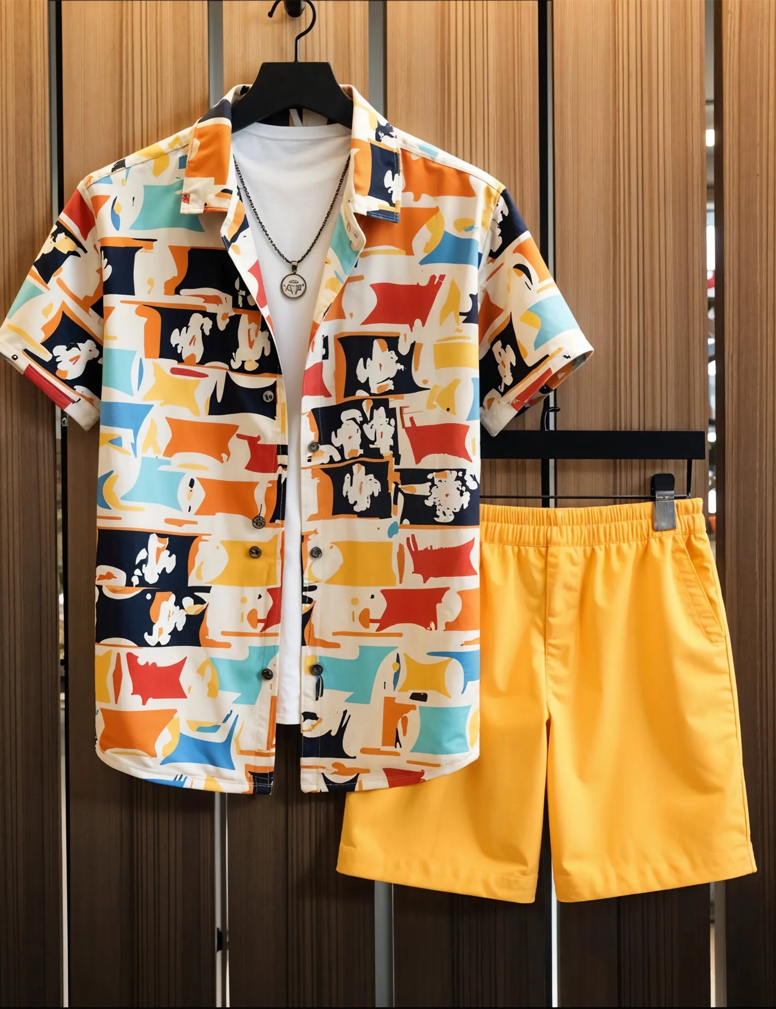 Men's Abstract Print Shirt and Yellow Shorts Set ? Vibrant Summer Streetwear Outfit