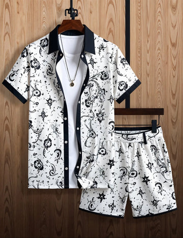 Men's Monochrome Artistic Print Shirt & Shorts Set ? Stylish Summer 2-Piece Outfit