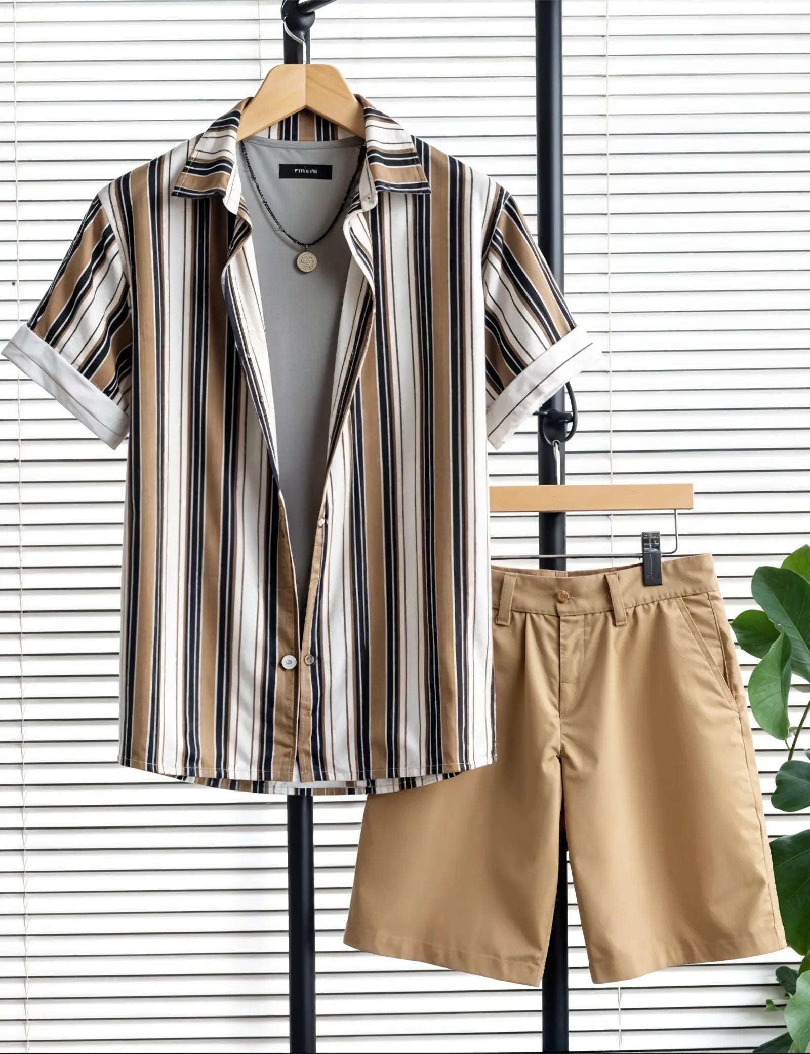 Men's Classic Striped Shirt & Khaki Shorts Set ? Casual Summer Two-Piece Outfit