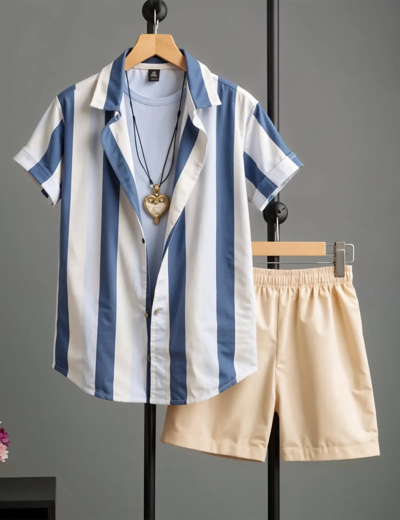Men's Blue & White Vertical Stripe Shirt with Beige Shorts ? Casual Summer Outfit Set
