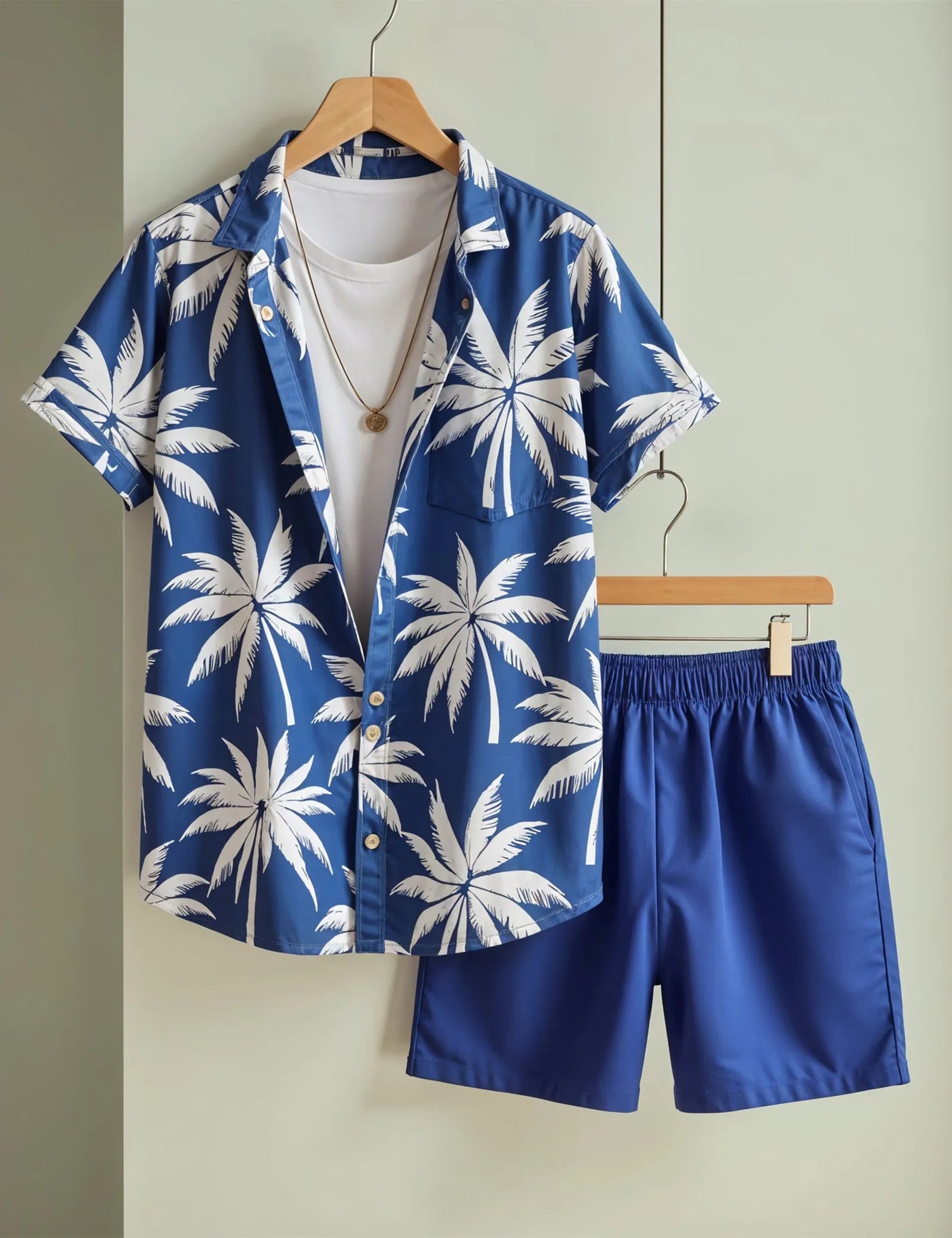 Men's Blue Palm Tree Print Shirt & Shorts Set ? Tropical Summer Beachwear