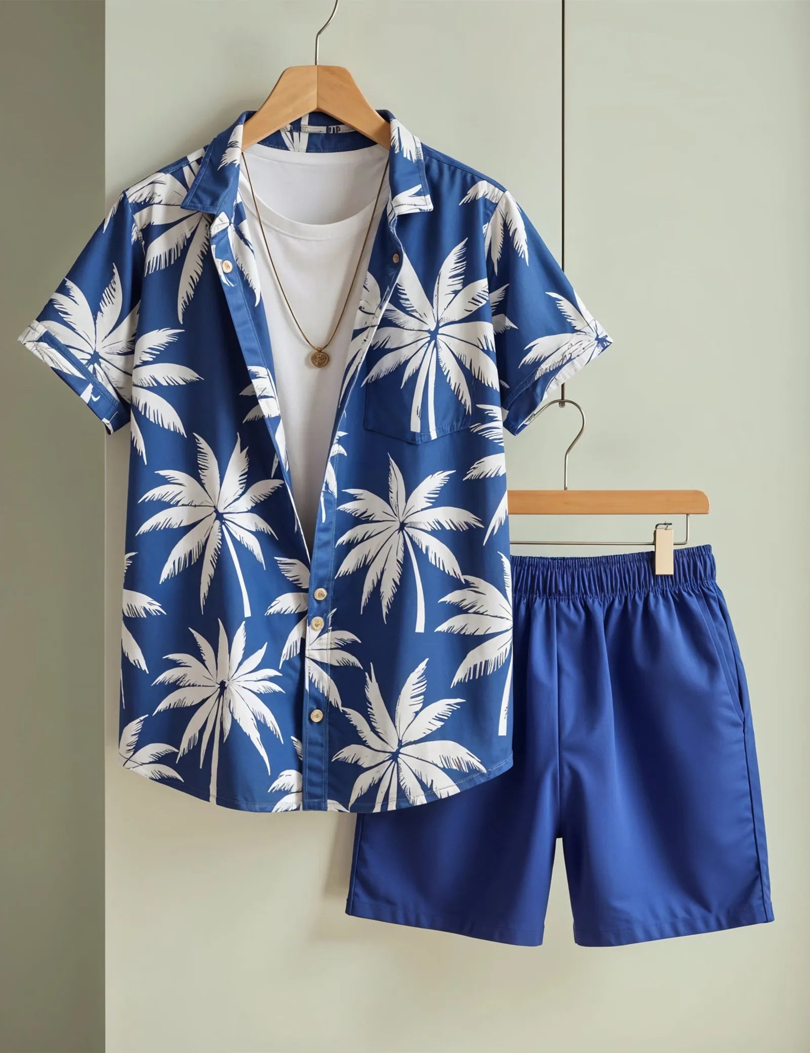 Men's Blue Palm Tree Print Shirt & Shorts Set ? Tropical Summer Beachwear