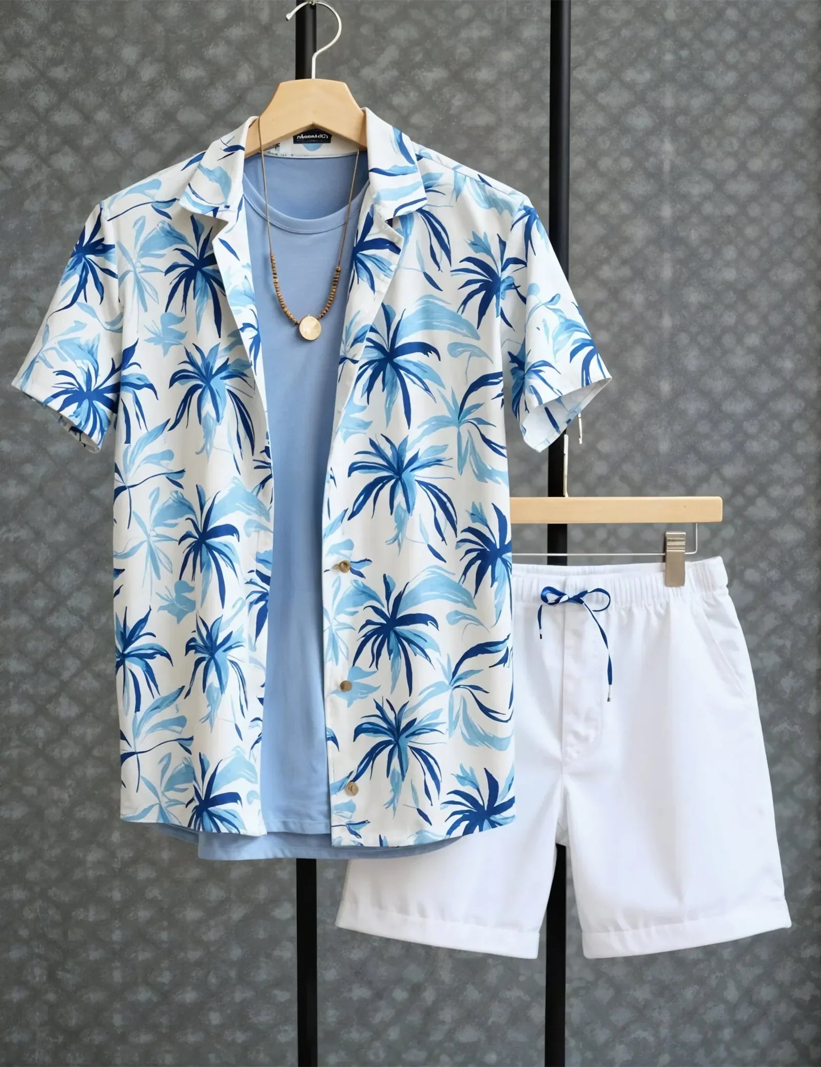 Men's Blue & White Palm Print Shirt and Shorts Set ? Coastal Style Summer Outfit