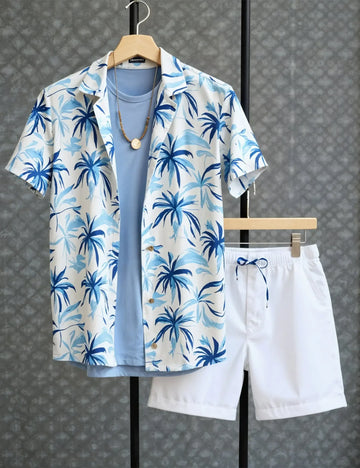 Men's Blue & White Palm Print Shirt and Shorts Set ? Coastal Style Summer Outfit