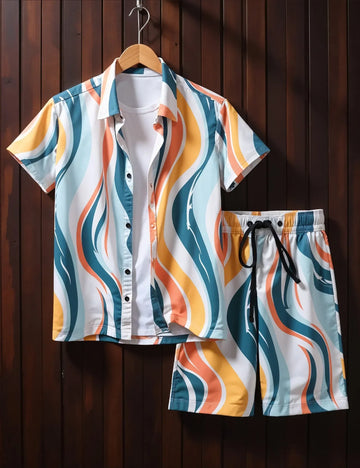 Men's Retro Wave Print Summer Set ? Short Sleeve Shirt & Drawstring Shorts