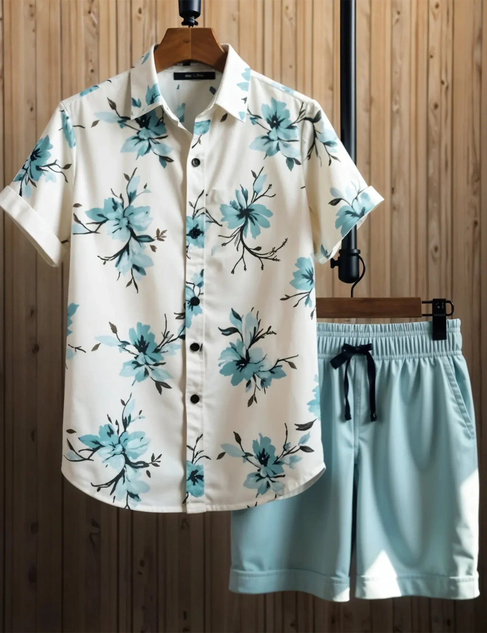 Men's Light Blue Floral Print Shirt & Shorts Set ? Casual Summer Beachwear 2-Piece Outfit
