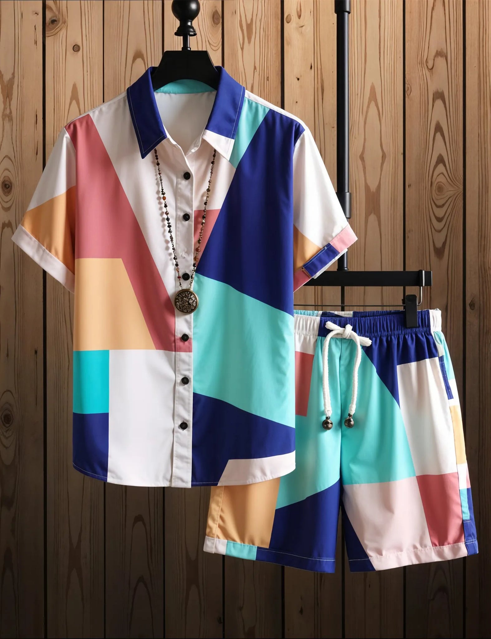 Men's Color Block Short Sleeve Shirt & Shorts Set ? Vibrant Geometric Summer Outfit