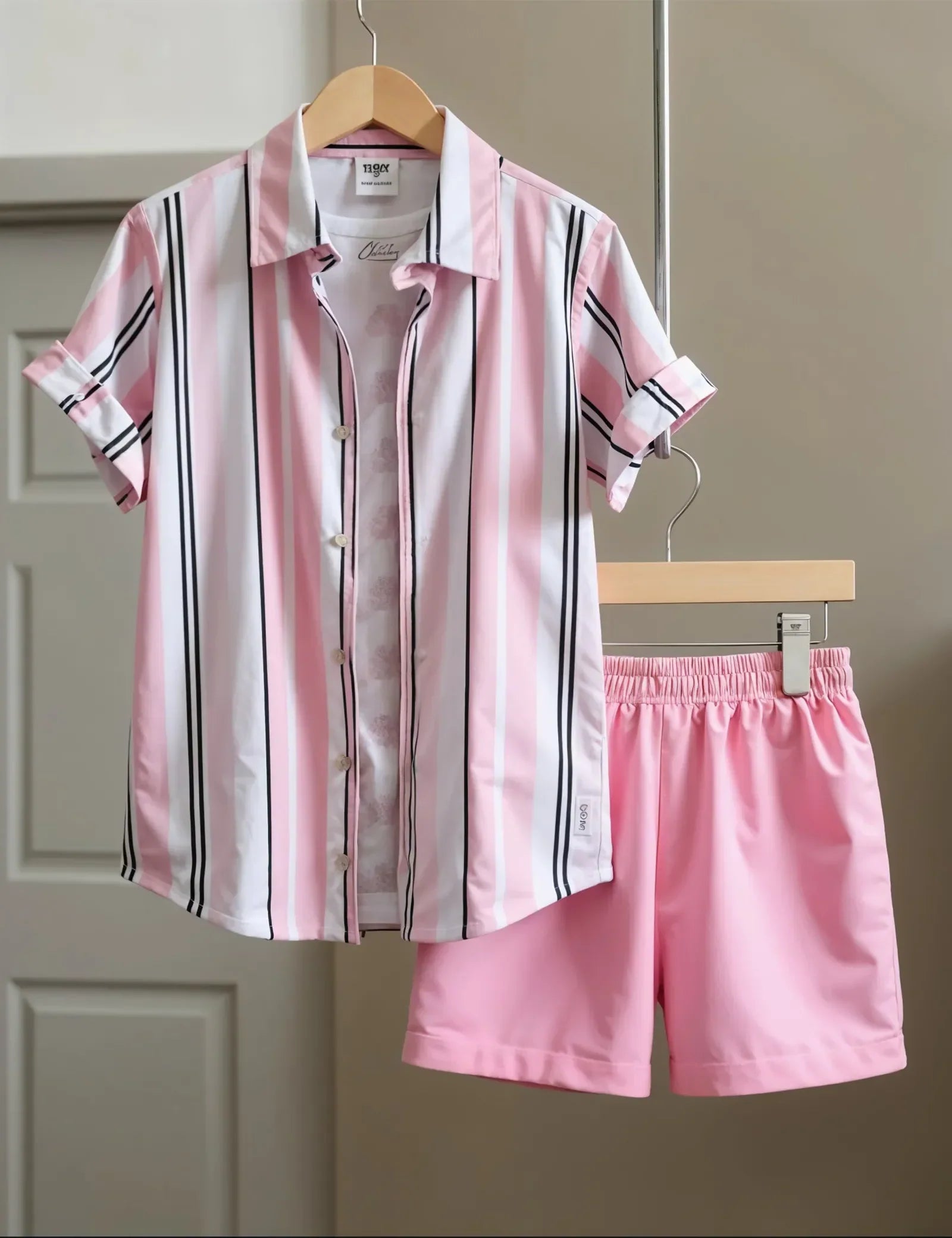Men's Pink Striped Shirt & Shorts Set ? Stylish Summer Two-Piece Outfit