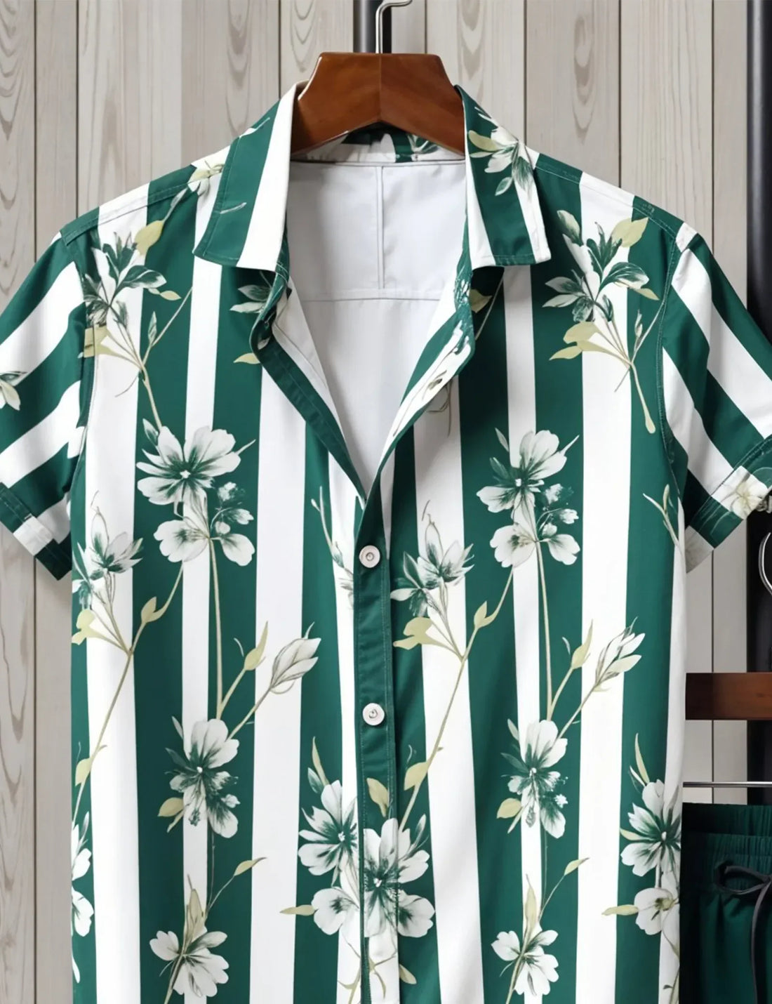 Men's Green Striped Floral Shirt & Shorts Set ? Casual Summer Two-Piece Outfit