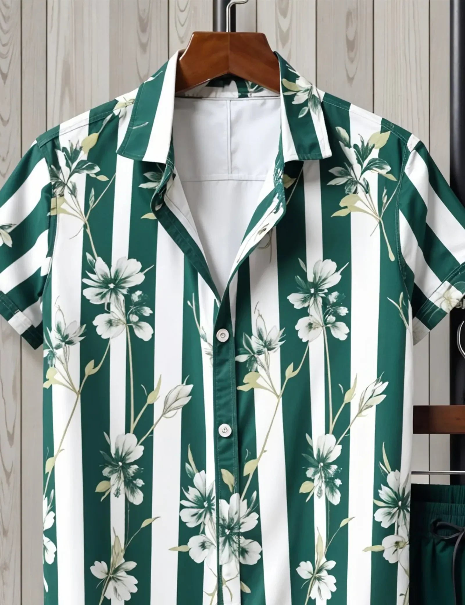 Men's Green Striped Floral Shirt & Shorts Set ? Casual Summer Two-Piece Outfit