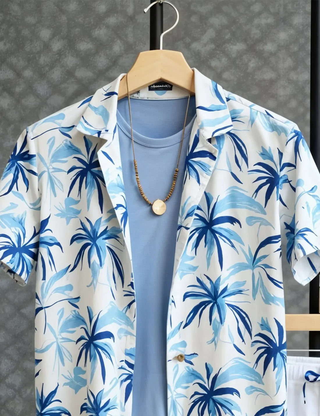 Men's Blue & White Palm Print Shirt and Shorts Set ? Coastal Style Summer Outfit