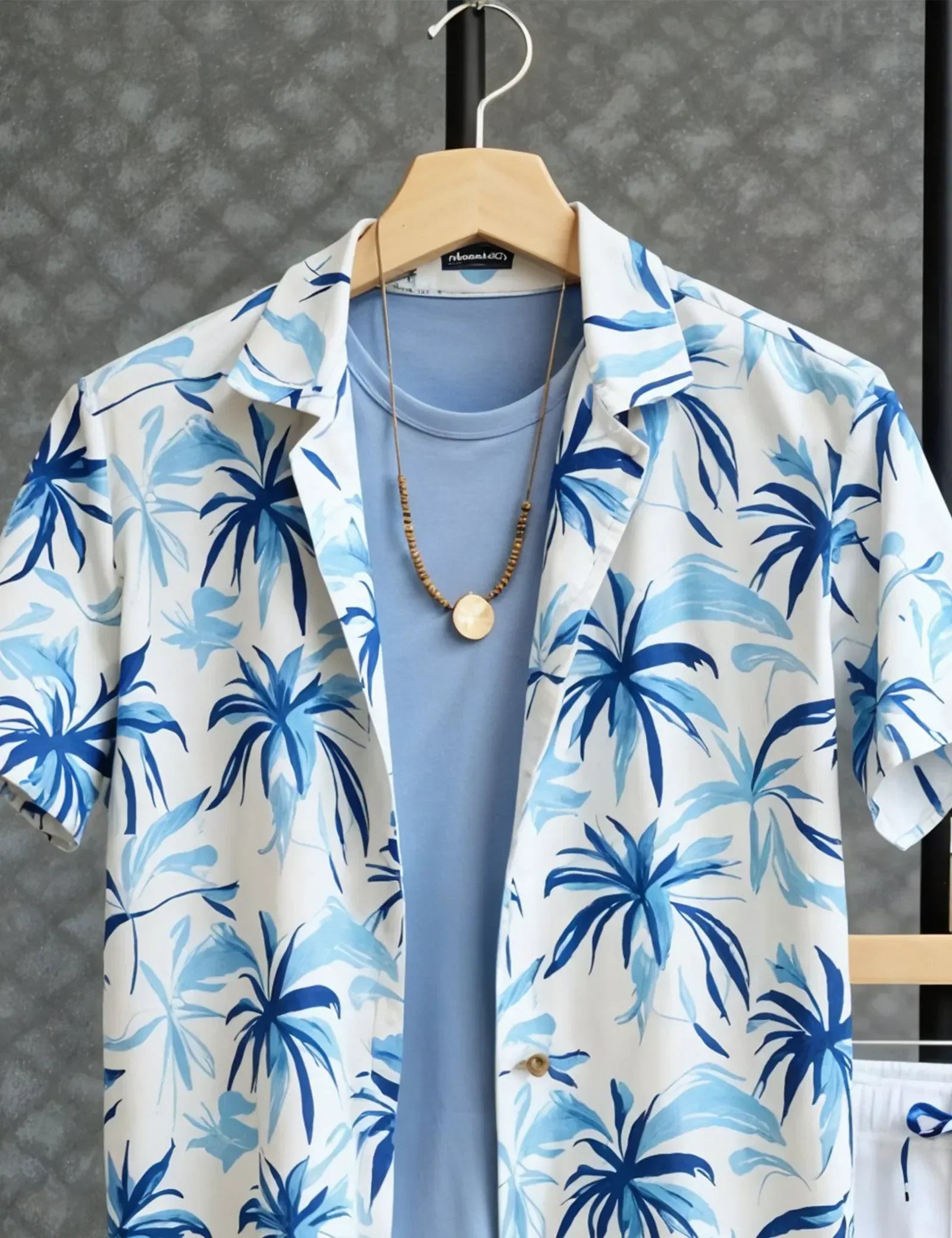 Men's Blue & White Palm Print Shirt and Shorts Set ? Coastal Style Summer Outfit