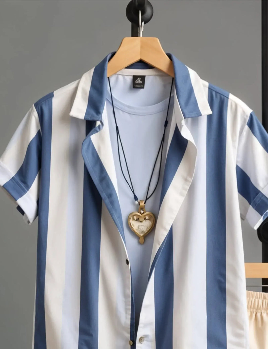Men's Blue & White Vertical Stripe Shirt with Beige Shorts ? Casual Summer Outfit Set