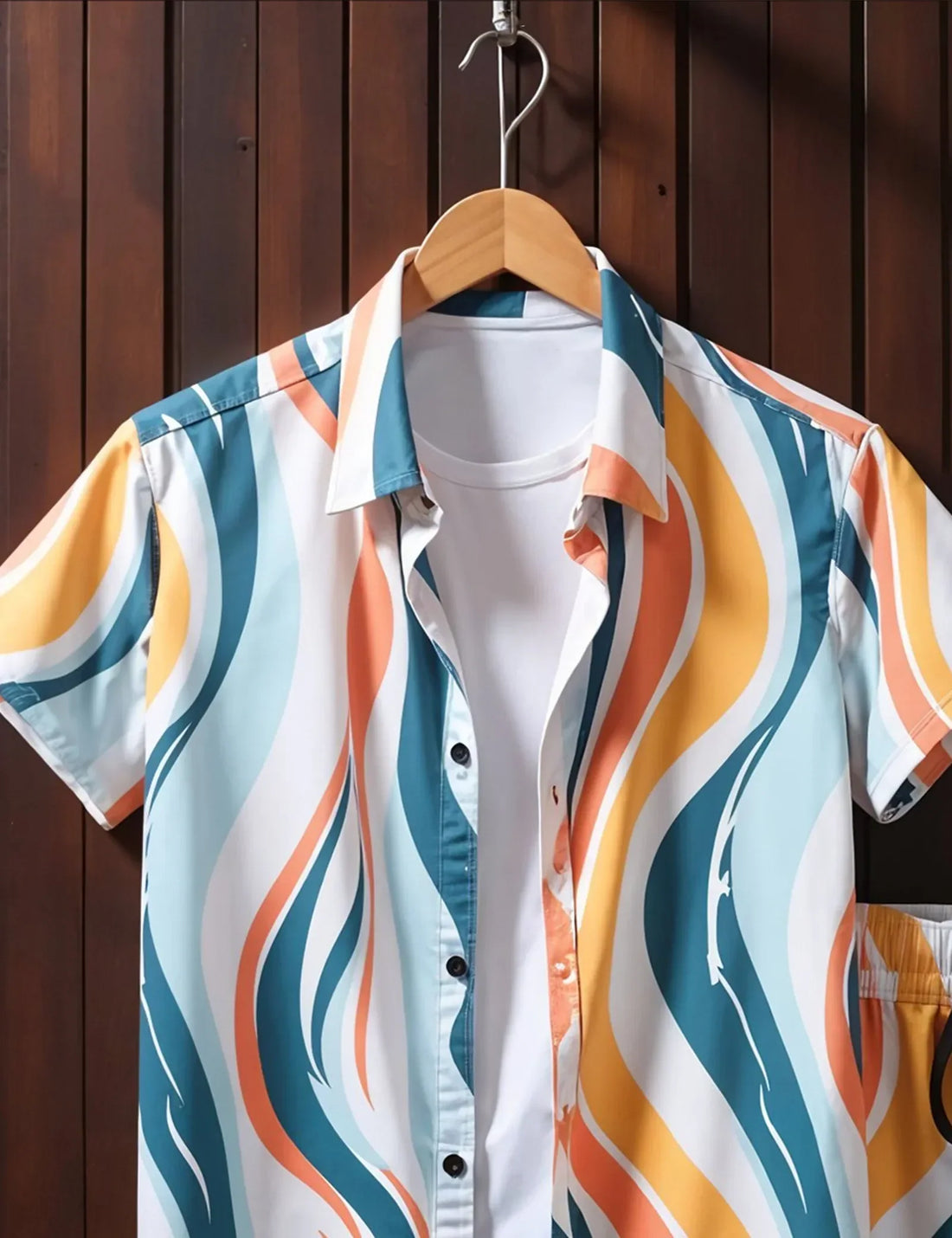 Men's Retro Wave Print Summer Set ? Short Sleeve Shirt & Drawstring Shorts