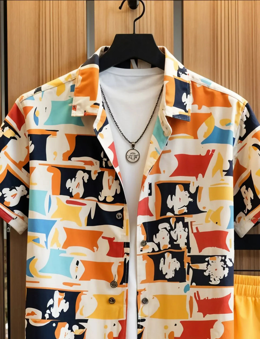 Men's Abstract Print Shirt and Yellow Shorts Set ? Vibrant Summer Streetwear Outfit