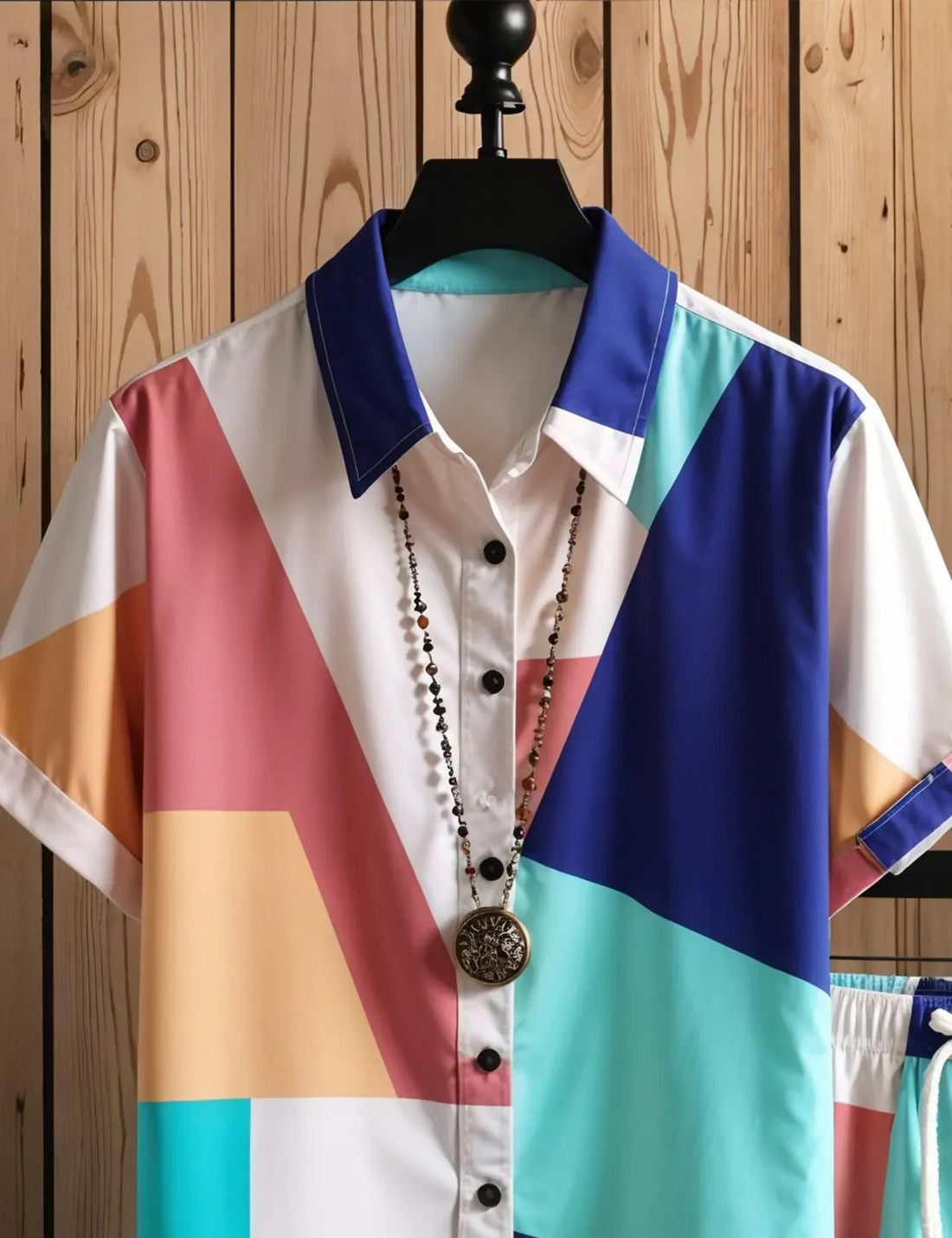 Men's Color Block Short Sleeve Shirt & Shorts Set ? Vibrant Geometric Summer Outfit