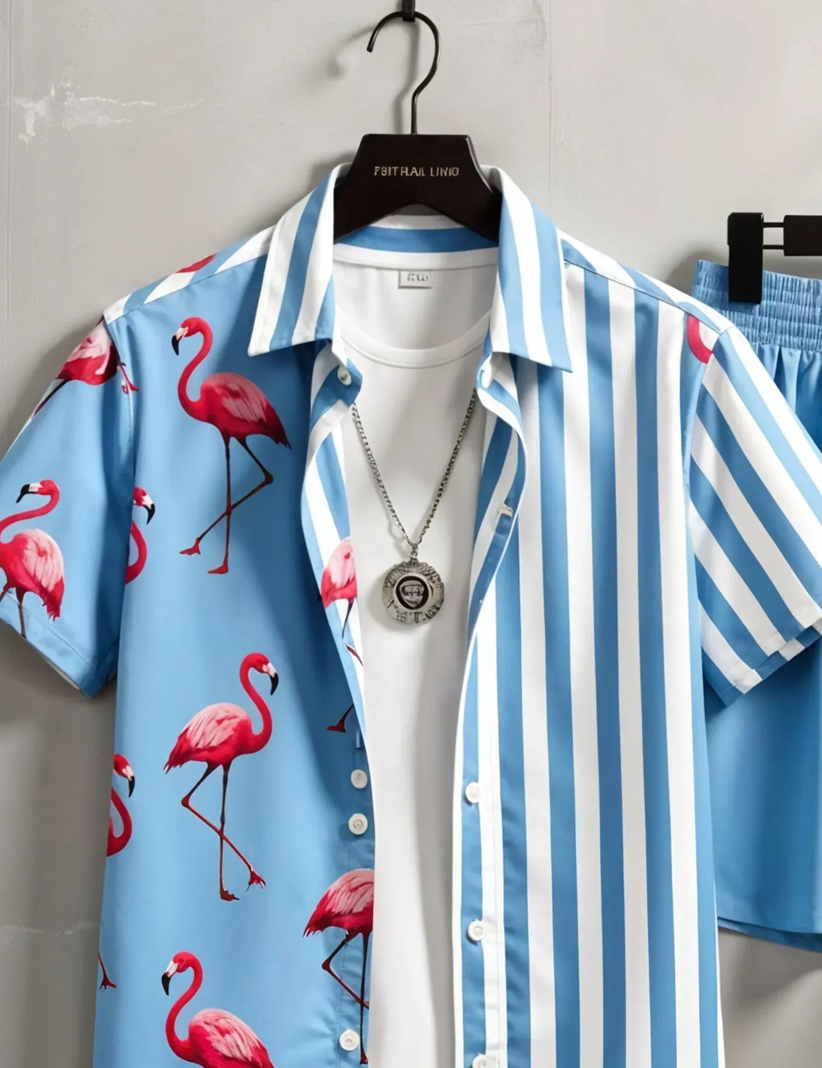 Men's Flamingo Print & Striped Shirt with Shorts Set ? Fun Tropical Summer Outfit