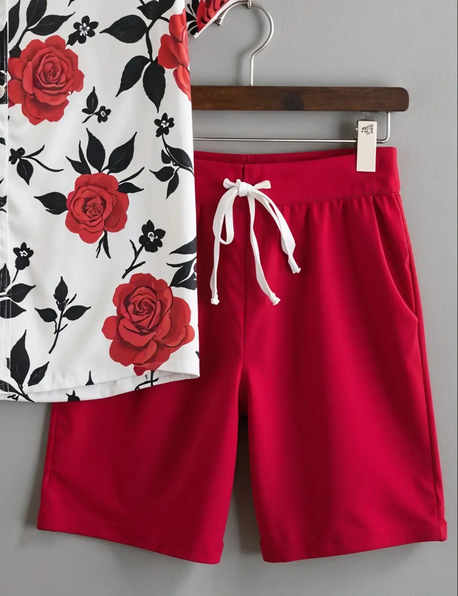 Men's Red Rose Floral Print Shirt & Shorts Set ? Casual Summer 2-Piece Outfit