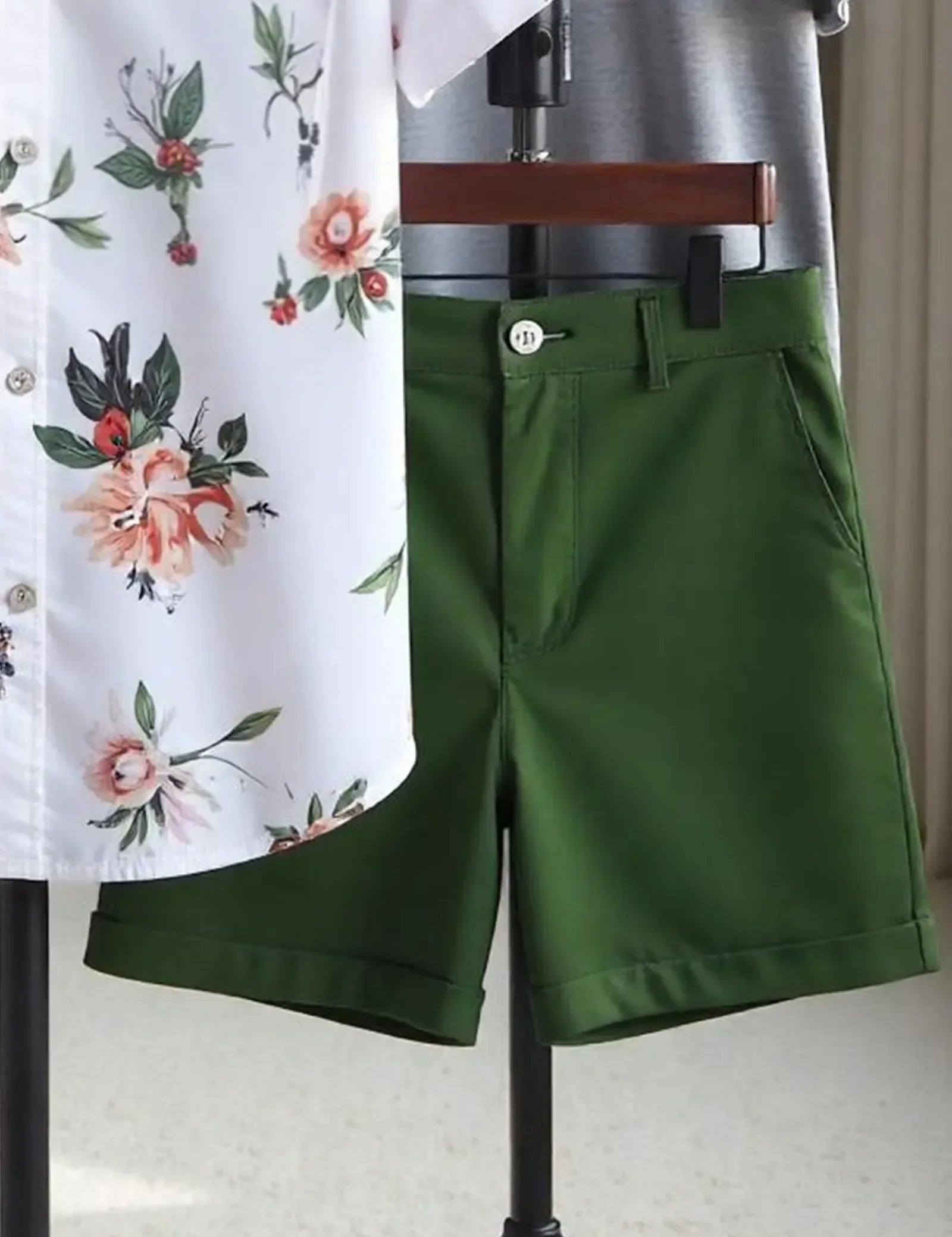Men's Floral Print Shirt & Green Shorts Set ? Casual Summer Vacation Outfit