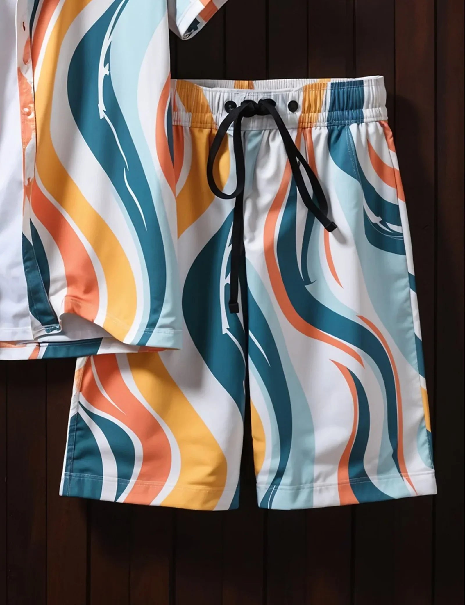 Men's Retro Wave Print Summer Set ? Short Sleeve Shirt & Drawstring Shorts