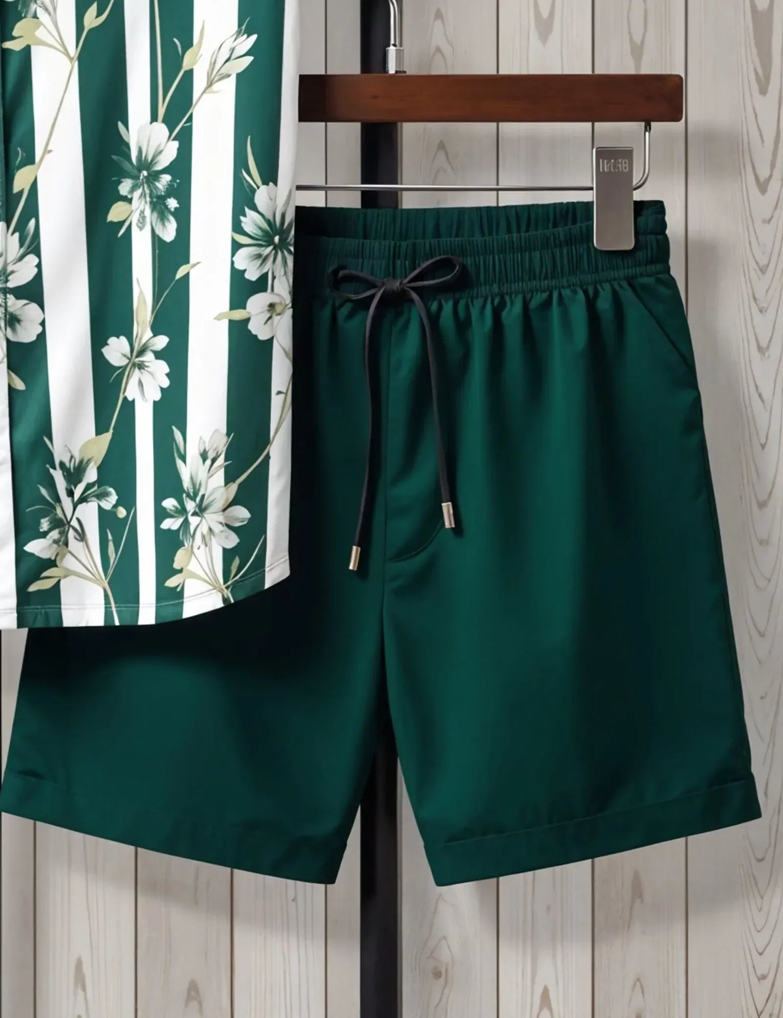 Men's Green Striped Floral Shirt & Shorts Set ? Casual Summer Two-Piece Outfit