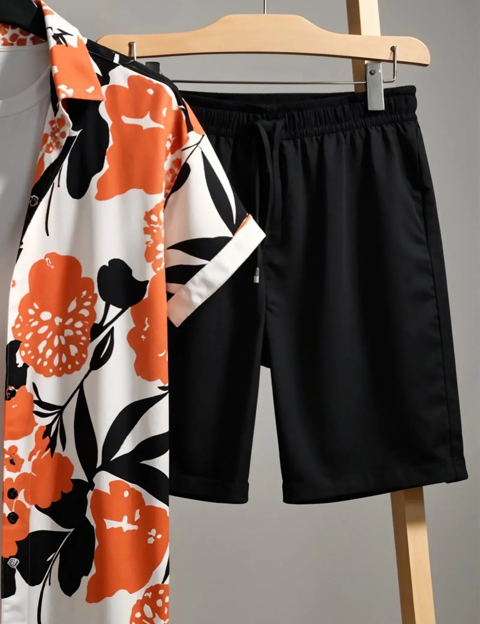 Men's Bold Orange Flower Print Shirt & Shorts Set ? Summer Casual 2-Piece Beachwear Outfit