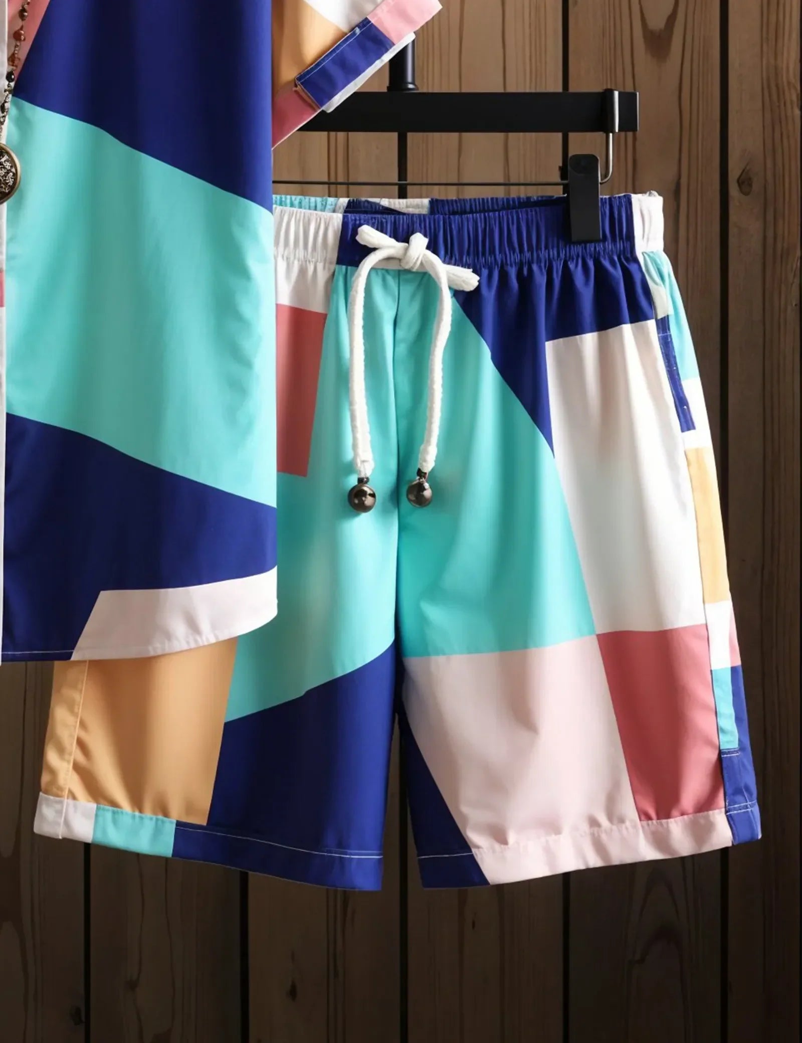 Men's Color Block Short Sleeve Shirt & Shorts Set ? Vibrant Geometric Summer Outfit