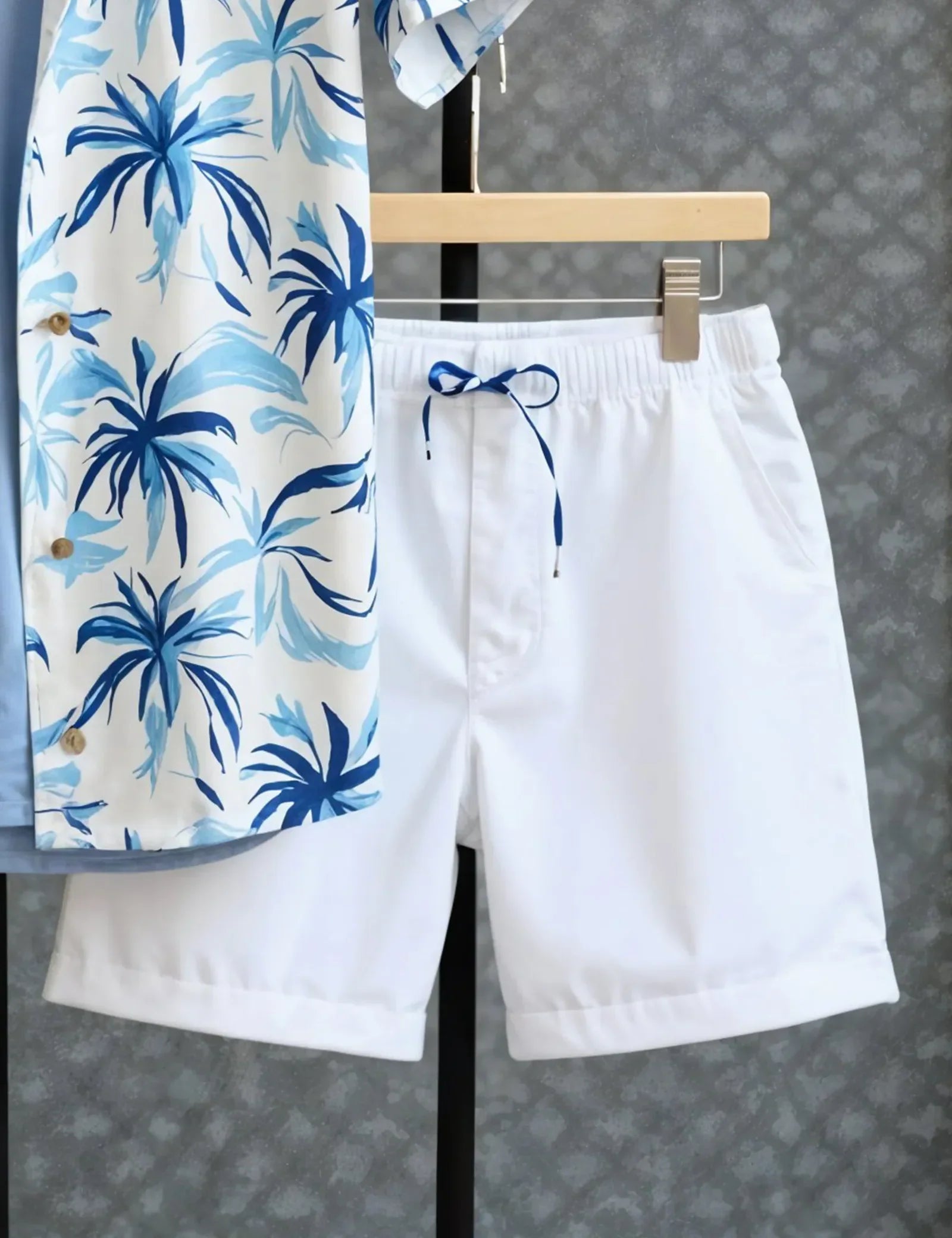 Men's Blue & White Palm Print Shirt and Shorts Set ? Coastal Style Summer Outfit