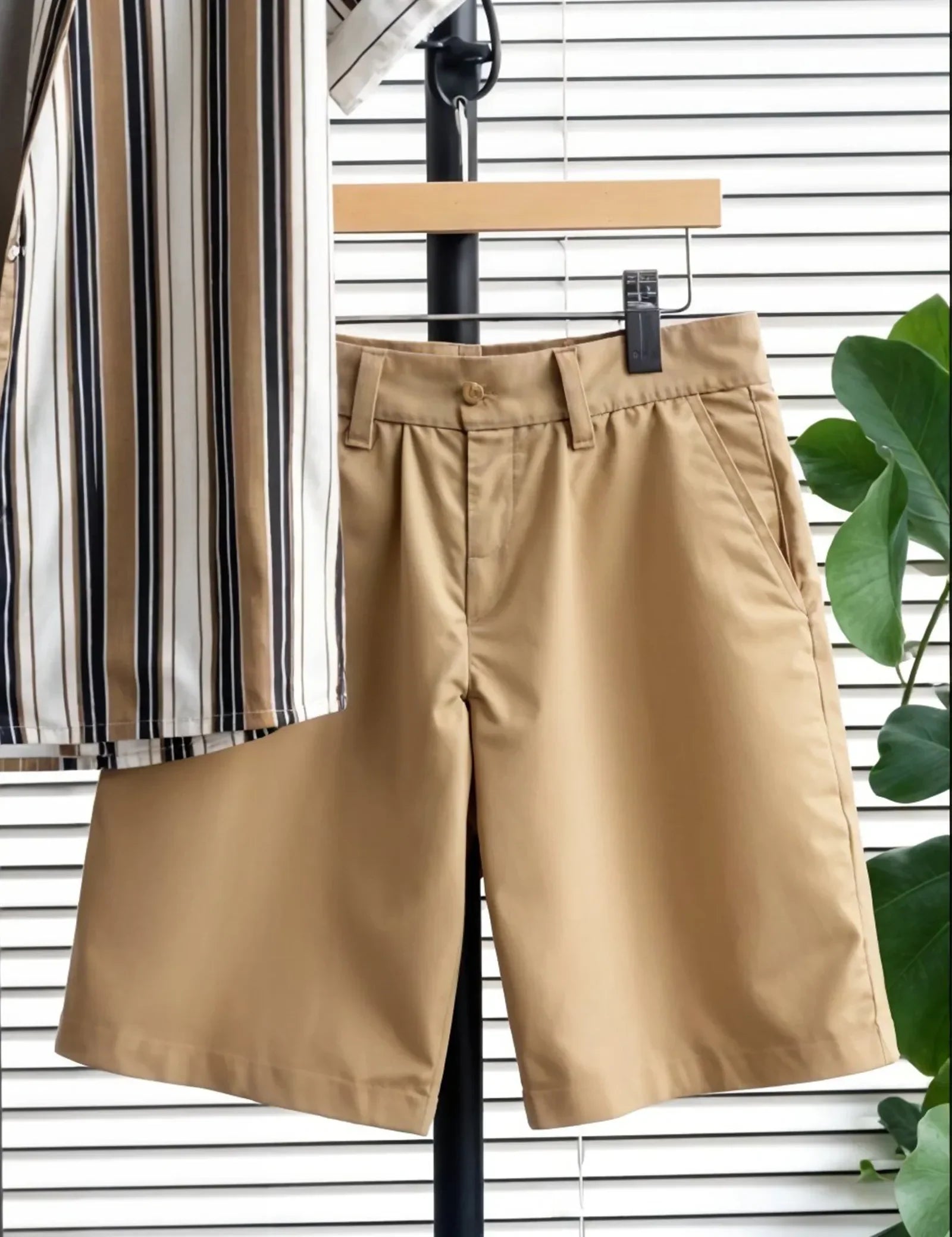 Men's Classic Striped Shirt & Khaki Shorts Set ? Casual Summer Two-Piece Outfit