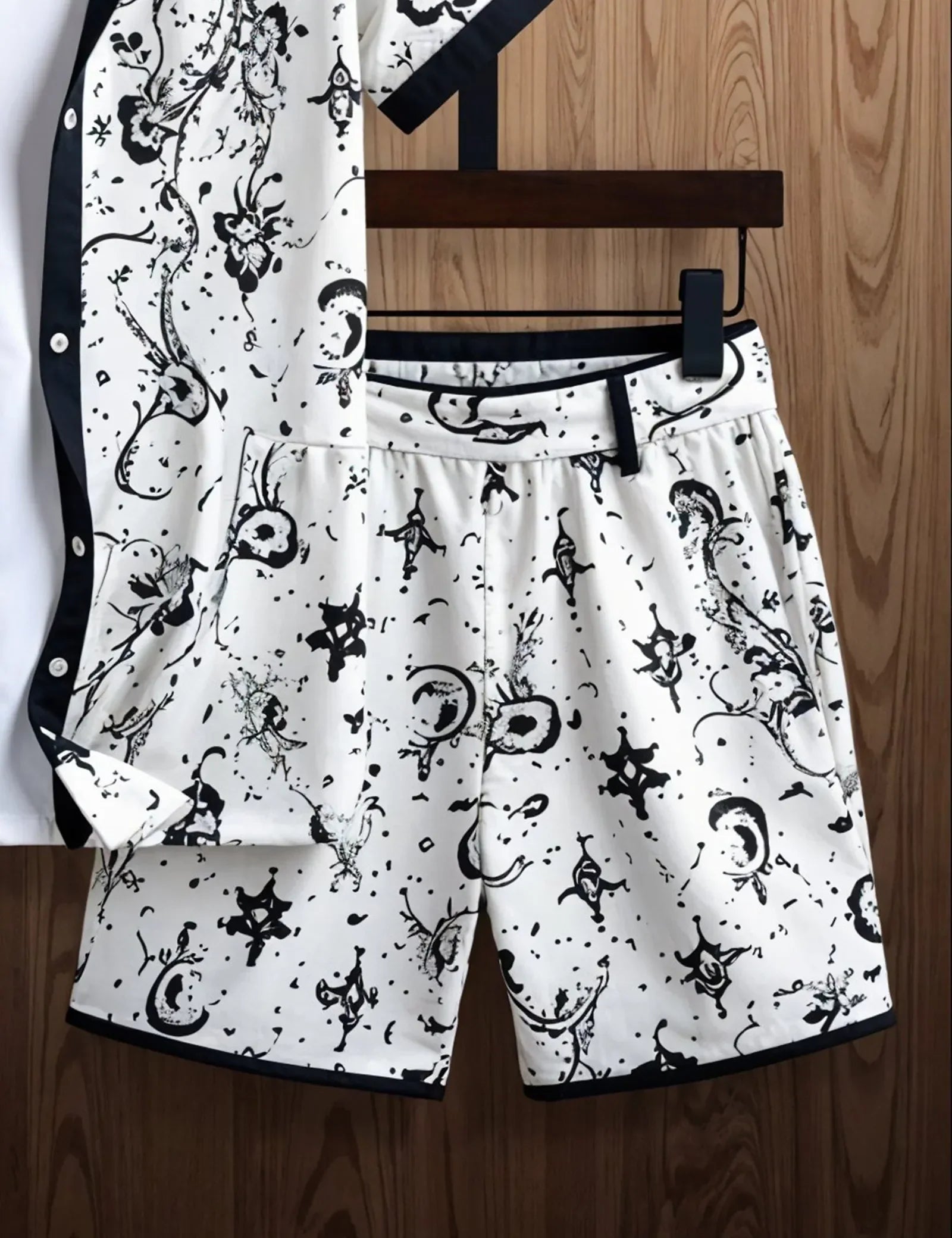 Men's Monochrome Artistic Print Shirt & Shorts Set ? Stylish Summer 2-Piece Outfit