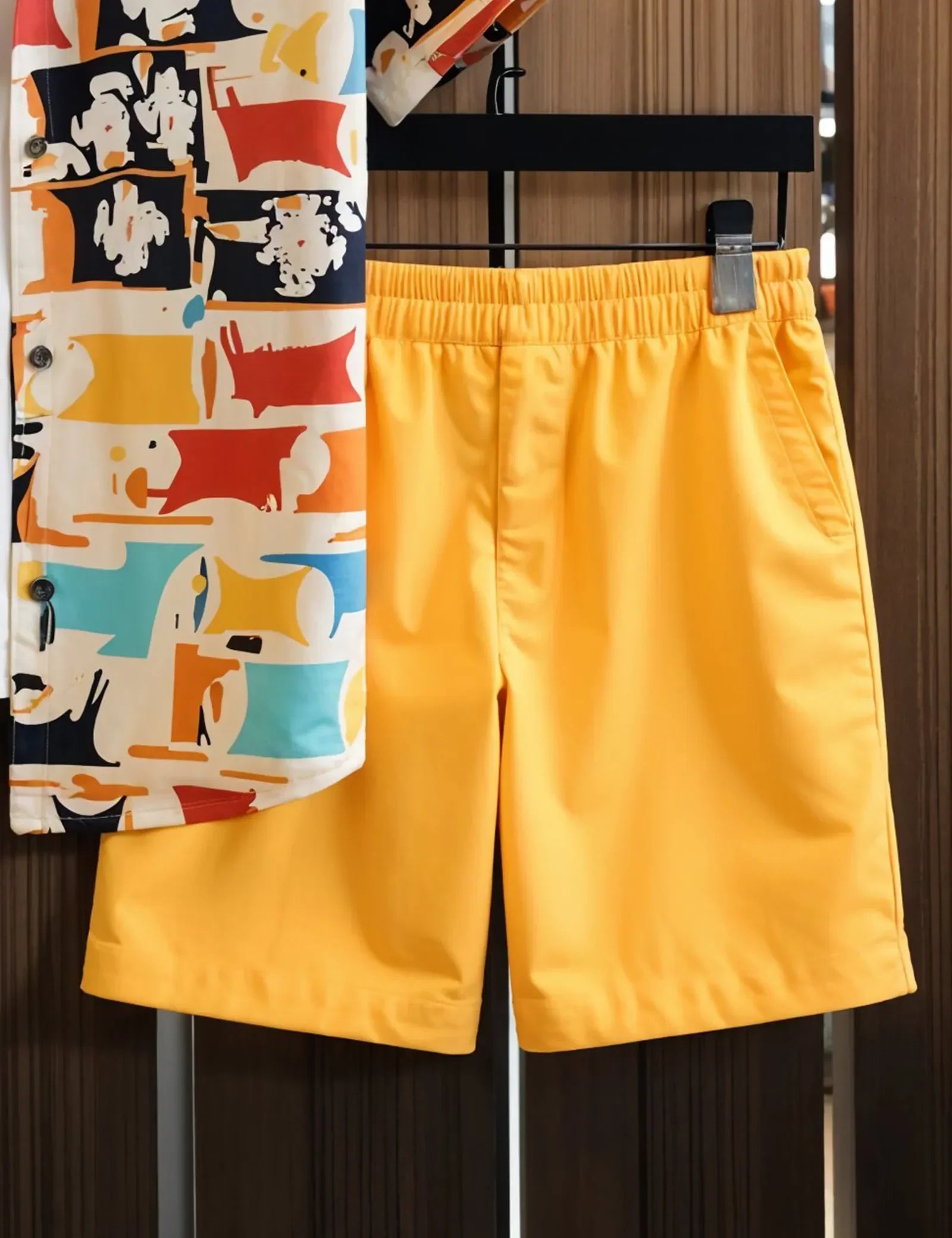Men's Abstract Print Shirt and Yellow Shorts Set ? Vibrant Summer Streetwear Outfit