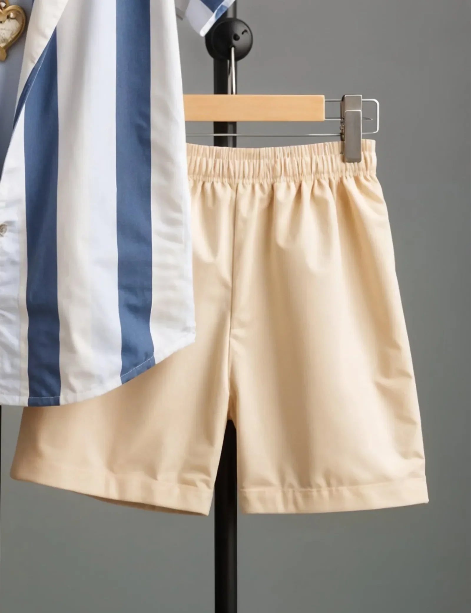 Men's Blue & White Vertical Stripe Shirt with Beige Shorts ? Casual Summer Outfit Set