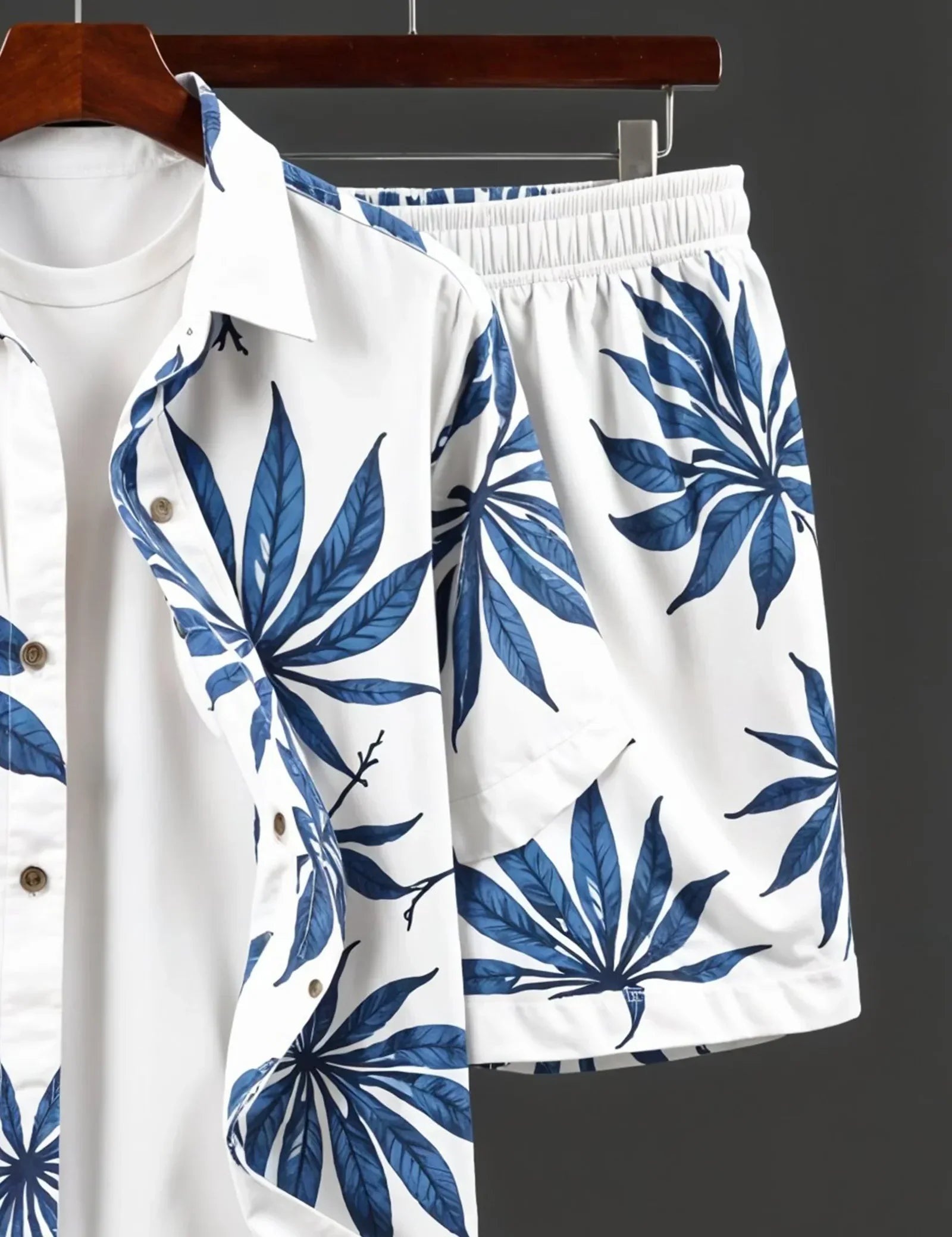 Men's Tropical Blue Leaf Print Shirt & Shorts Set ? Stylish Summer Beachwear Outfit