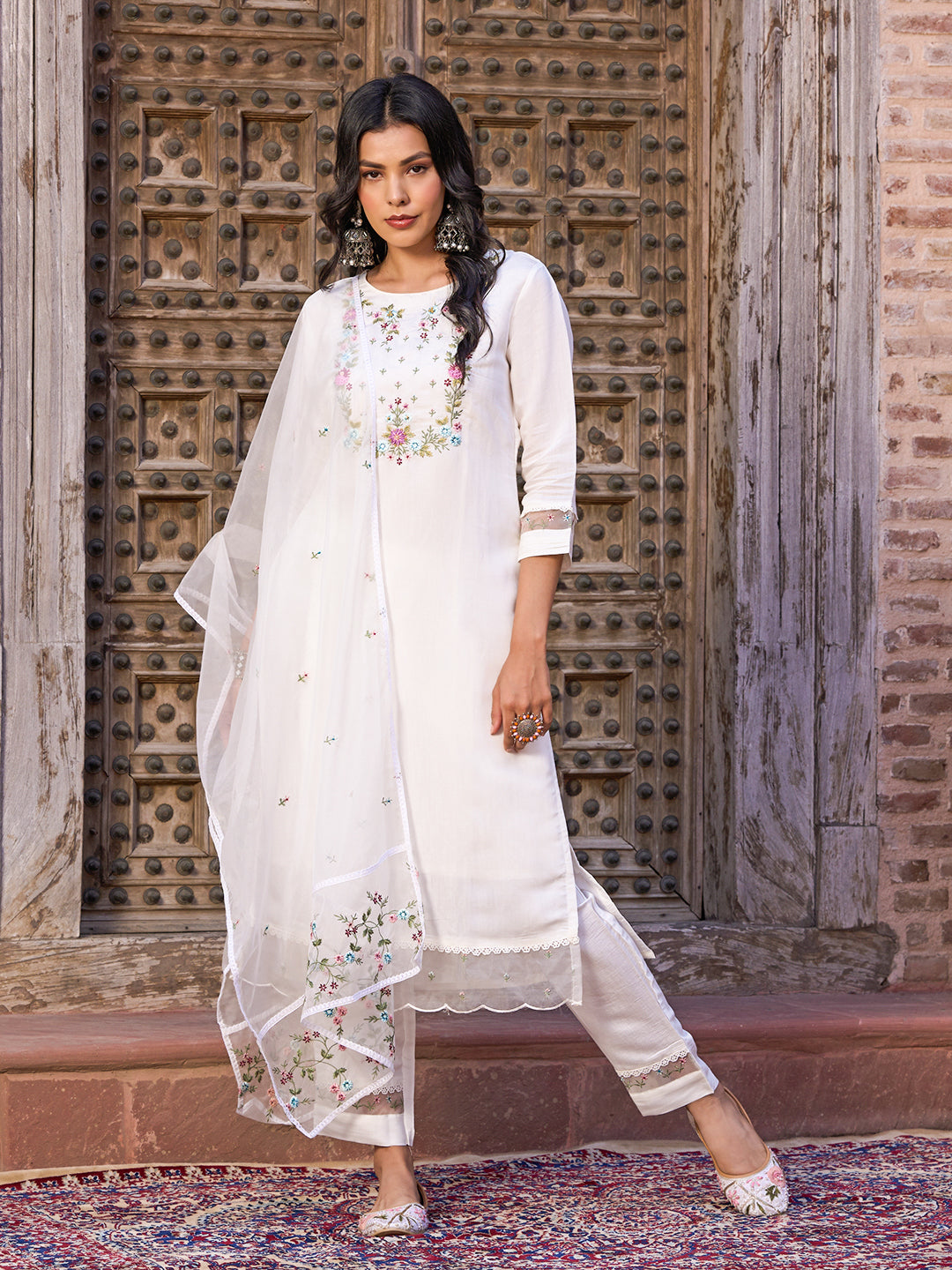 Embroidered Straight Kurti with Pants & Dupatta
