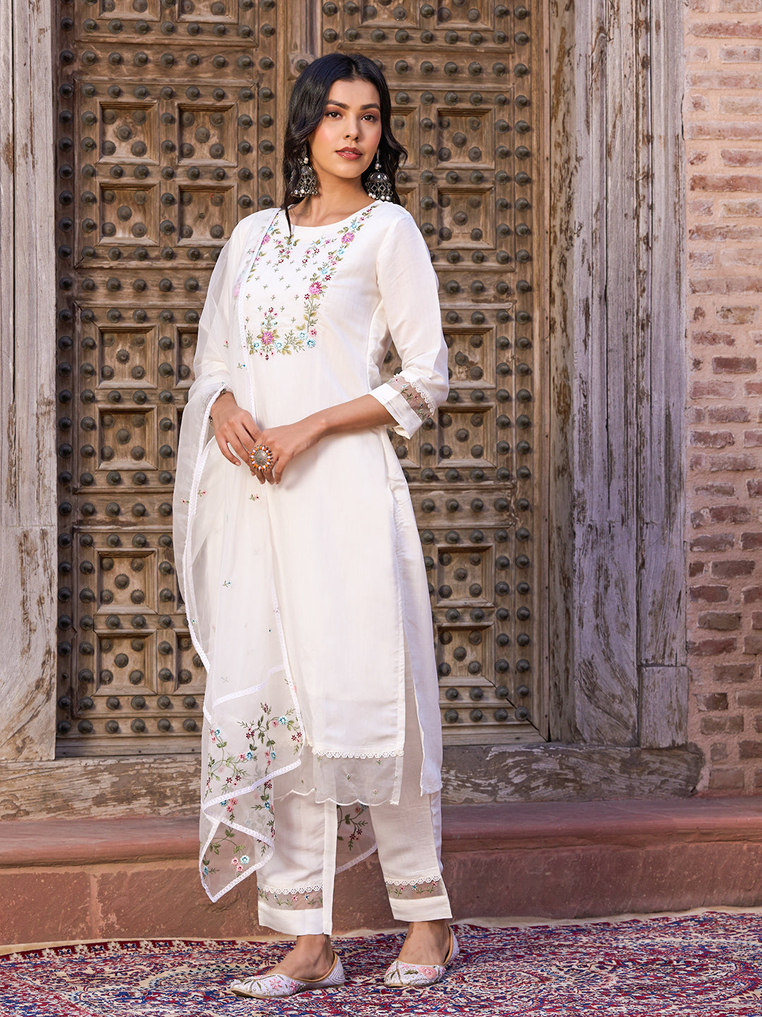 Embroidered Straight Kurti with Pants & Dupatta