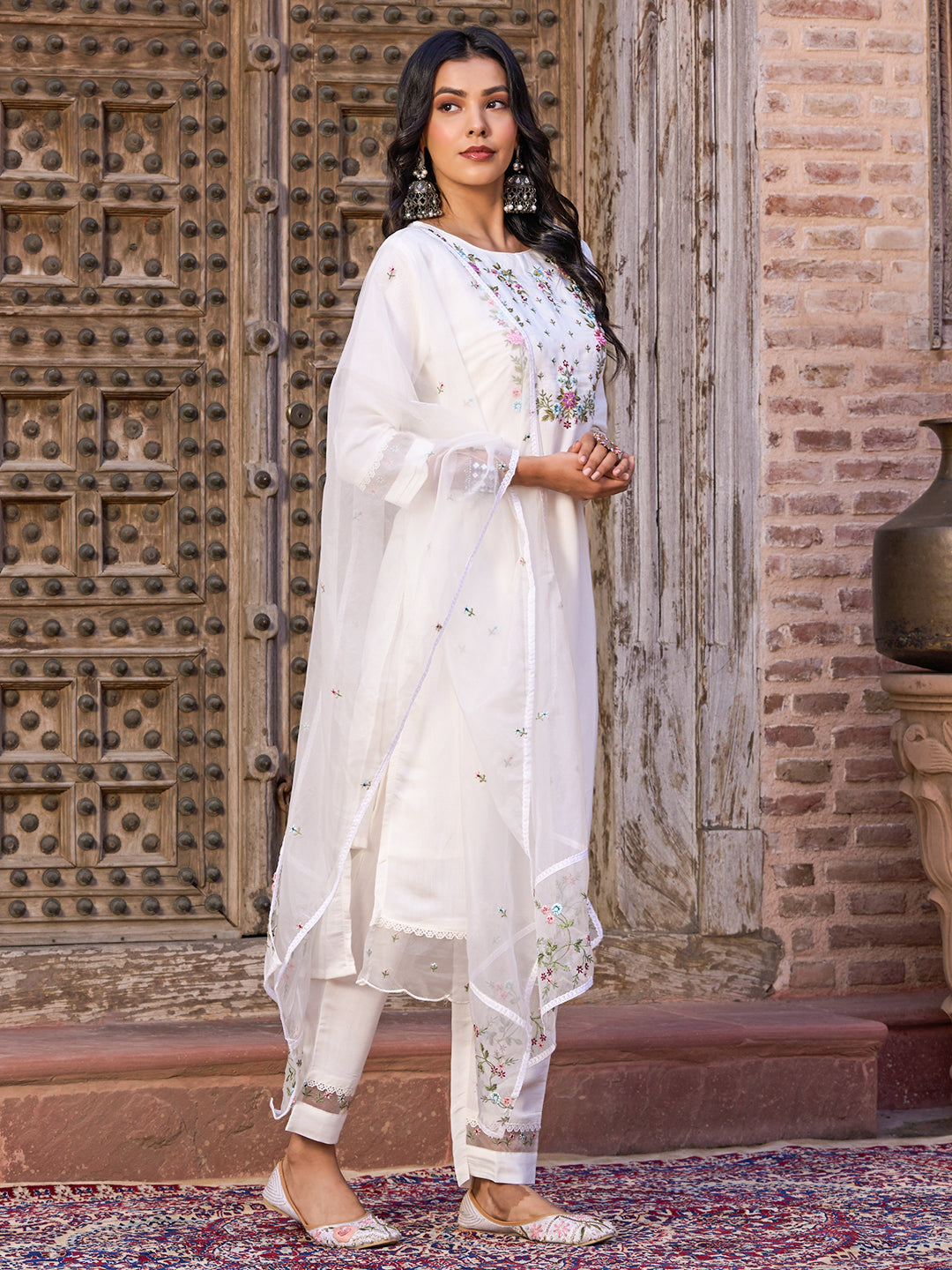 Embroidered Straight Kurti with Pants & Dupatta