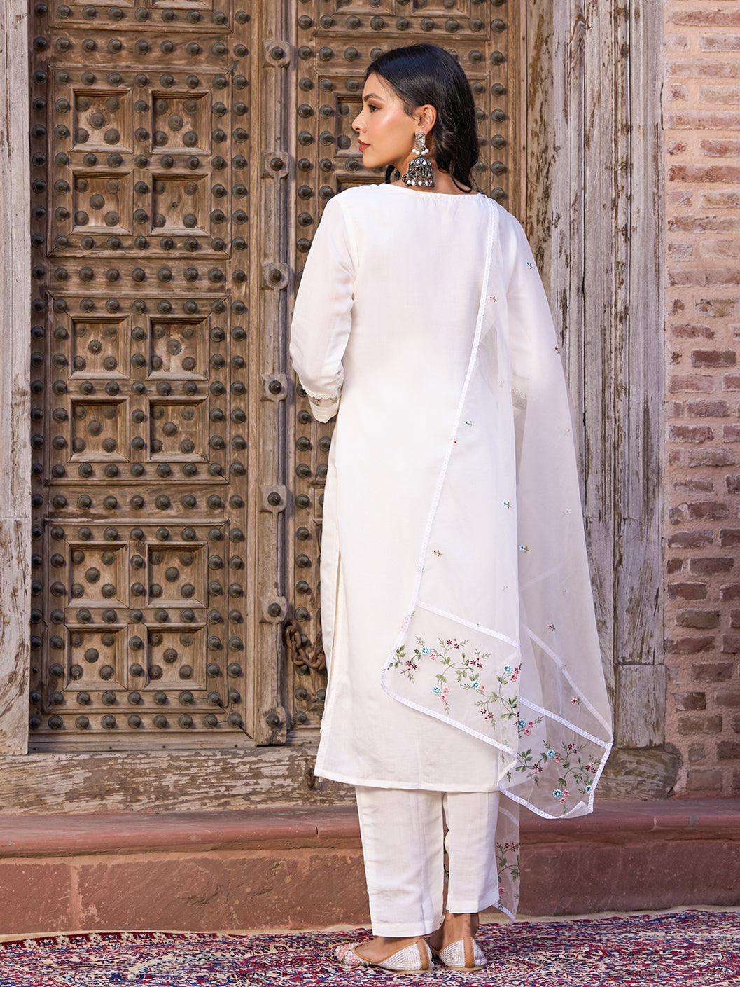 Embroidered Straight Kurti with Pants & Dupatta