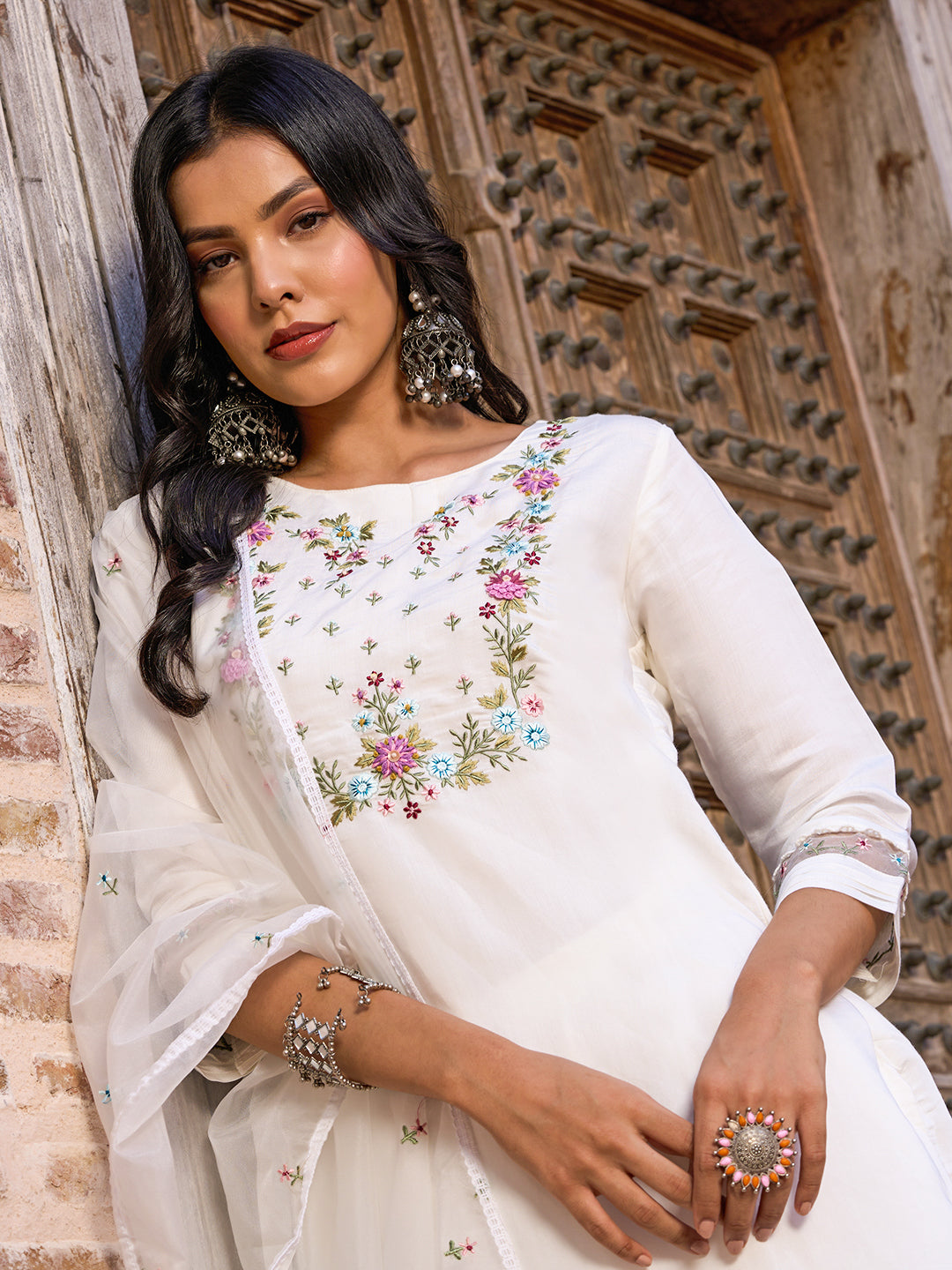 Embroidered Straight Kurti with Pants & Dupatta